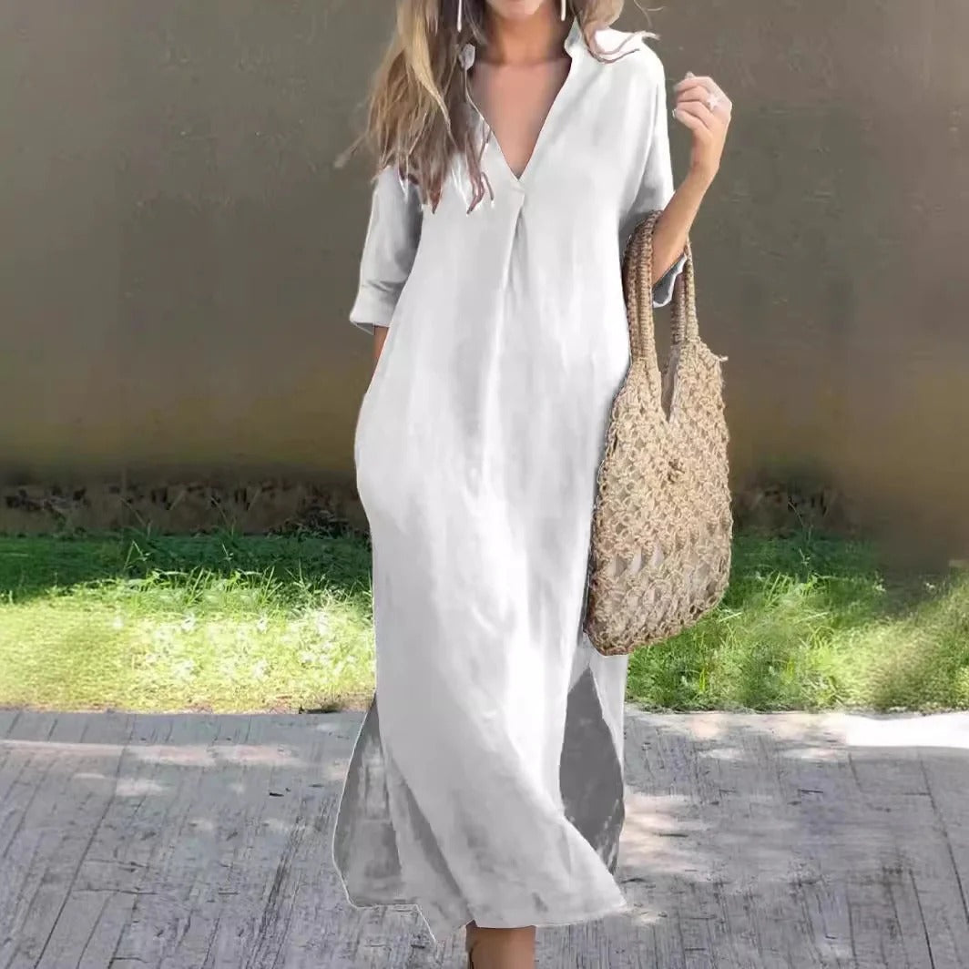 Women’s Maxi Dress – Relaxed Fit – V-Neck – Half Sleeve – Cotton