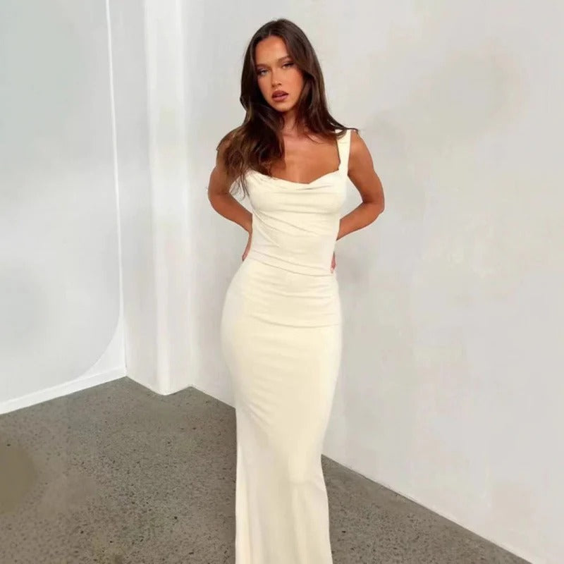Women’s Evening Dress – Slim Fit – Cowl Neck – Draped Bust – Sculpted Waist – Full Length