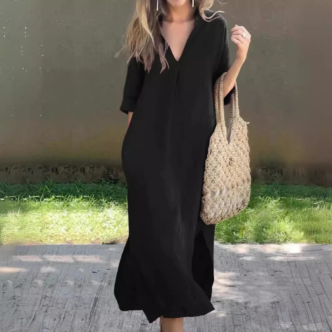 Women’s Maxi Dress – Relaxed Fit – V-Neck – Half Sleeve – Cotton