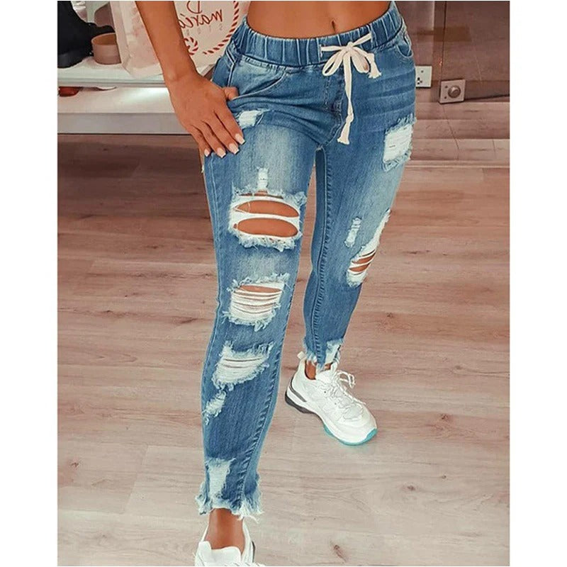 Women’s Casual Pants – Slim Fit – Distressed Denim – Drawstring Waist – Full Length
