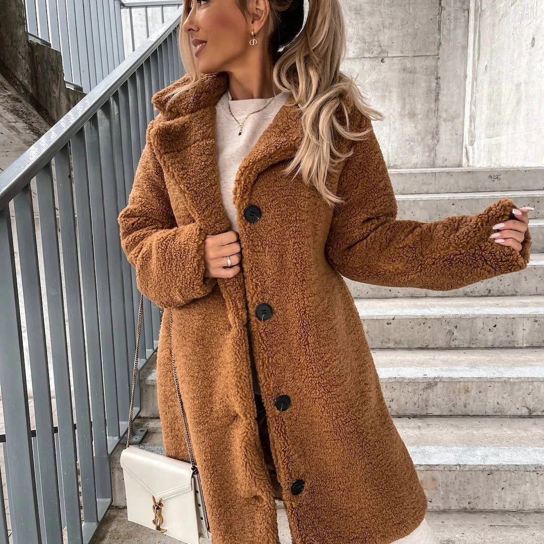 Women’s Long Teddy Coat – Oversized Fit – Faux Shearling – Notched Lapel – Button Front