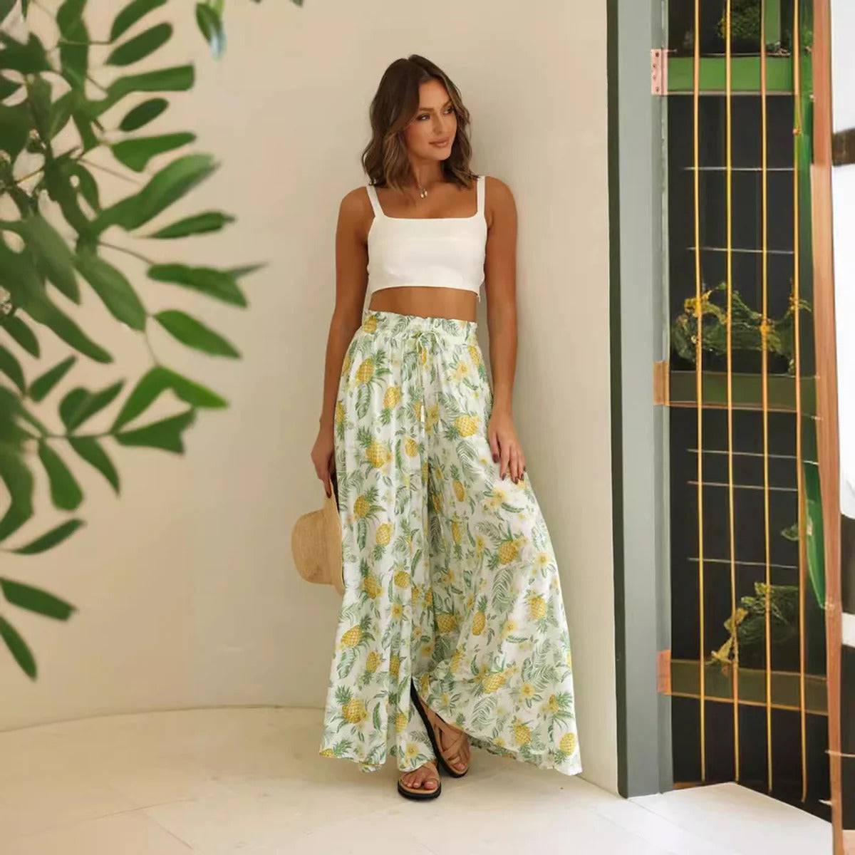 Women’s Maxi Pants – High Waist – Wide Leg – Soft Cotton Feel – Floral Print – Pockets