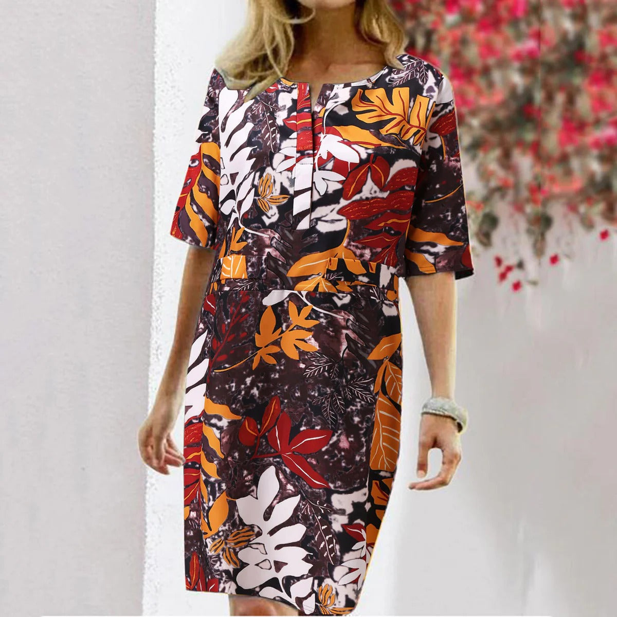 Women’s Shift Dress – Tropical Floral Print – Relaxed Fit – Cotton Blend – Knee Length