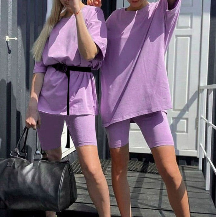 Women’s Two-Piece Set – Relaxed Tunic with Waist Belt – Fitted Cycling Shorts – Jersey Knit