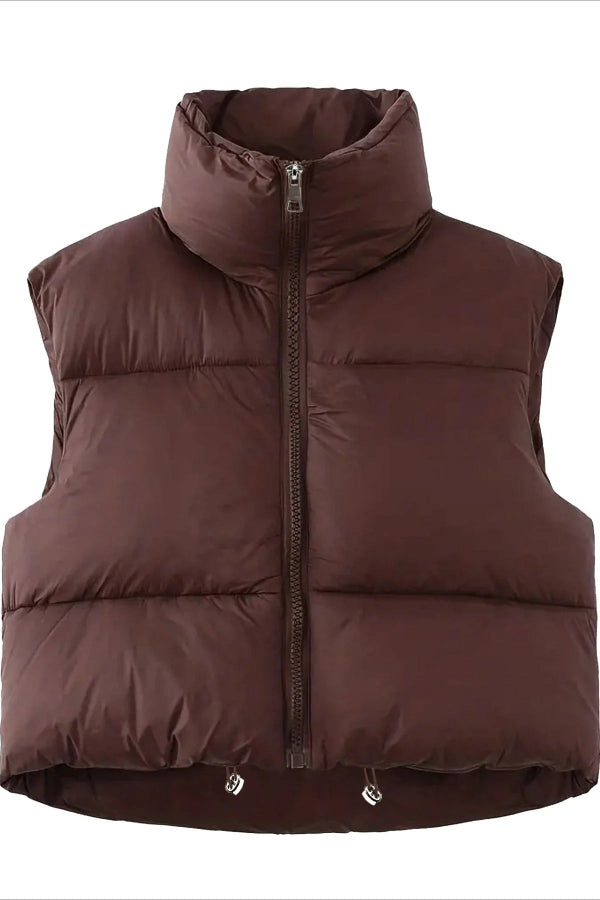 Women’s Puffer Vest – Oversized Fit – Quilted – High Collar – Cropped Length – Drawstring Hem