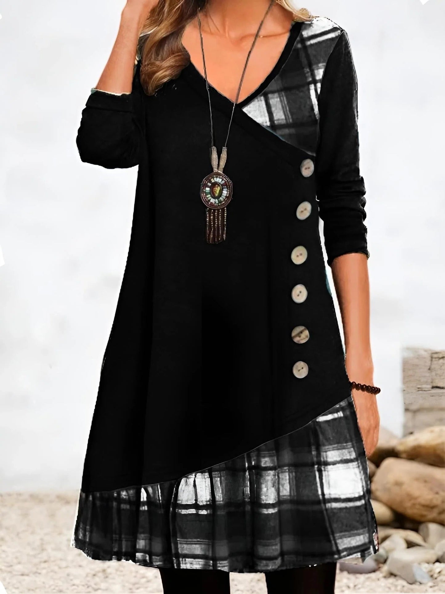 Women’s Tunic Dress – Relaxed Fit – V-Neck – Plaid Detail – Button Side – Long Sleeve