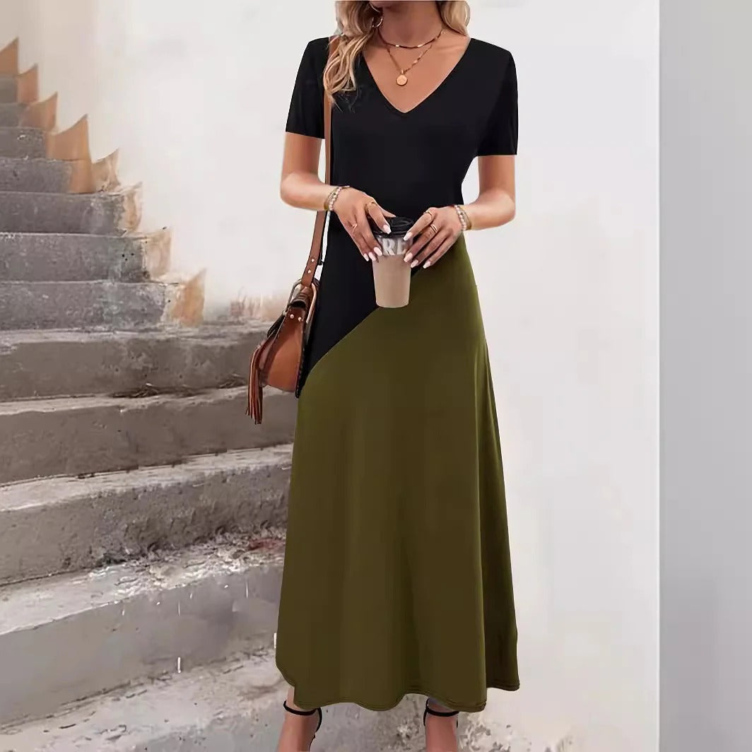 Women’s Maxi Dress – Cotton Blend – Fitted Bodice – V-Neck – Color Block – Short Sleeve
