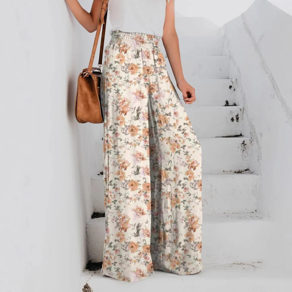 Women’s Wide-Leg Trousers – Relaxed Fit – Elastic Waist – Floral Print – Lightweight Fabric