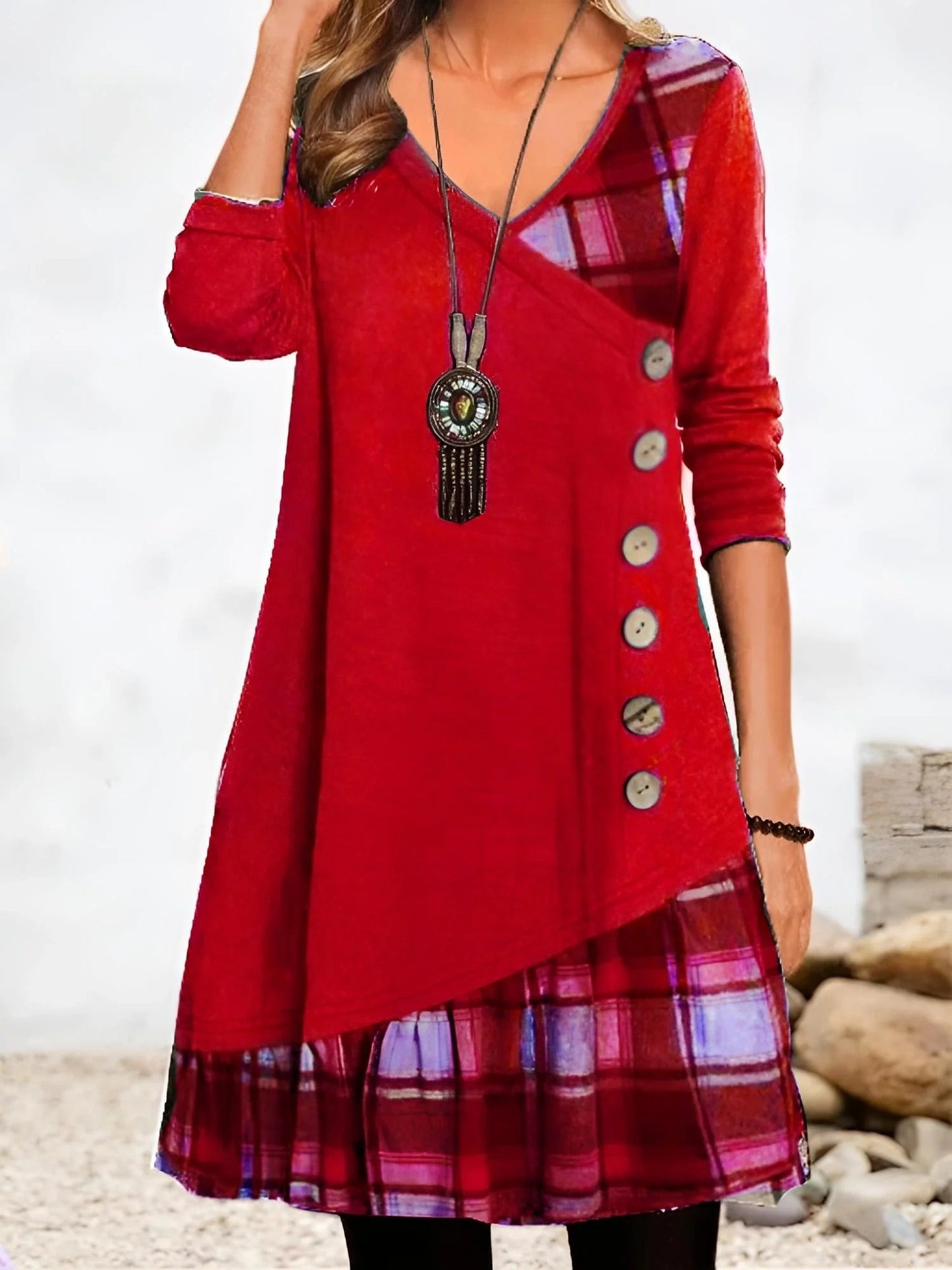Women’s Tunic Dress – Relaxed Fit – V-Neck – Plaid Detail – Button Side – Long Sleeve