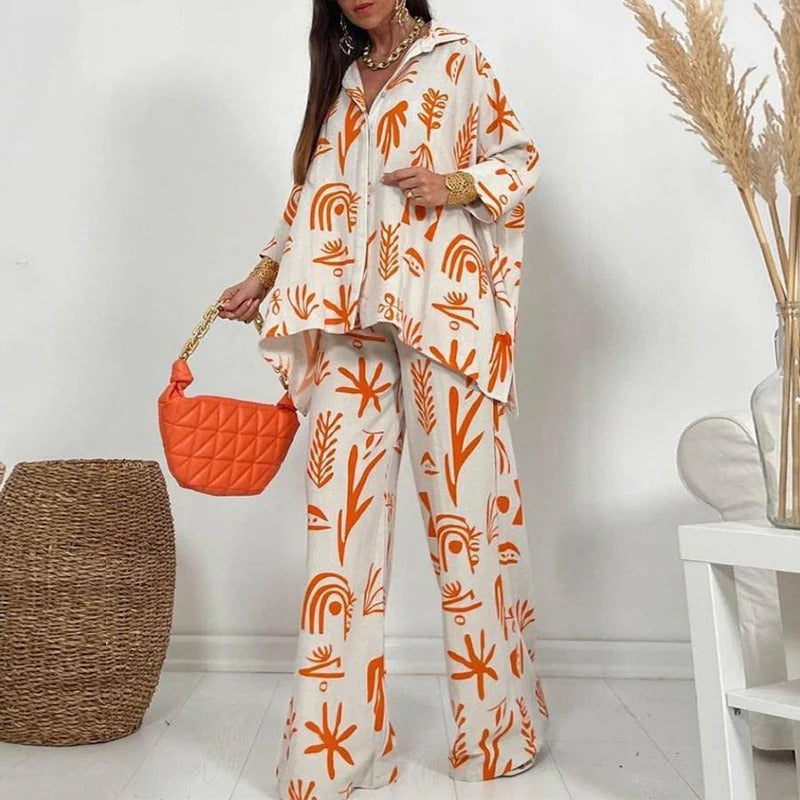 Women’s Two-Piece Set – Relaxed Fit – Wide-Leg Trousers – Button-Down Top
