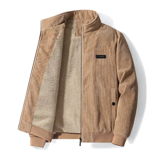 Men’s Jacket – Corduroy Texture – Fleece Lined – Casual Fit – Zip Closure – Stand Collar