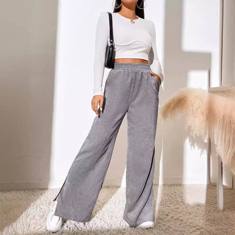 Women’s Wide-Leg Trousers – High Waist – Corduroy Texture – Split Hem – Elastic Waist