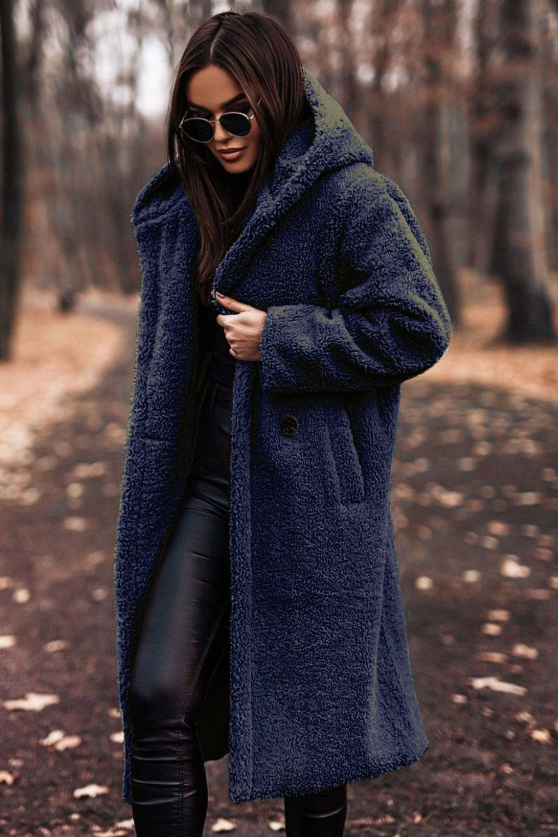 Women’s Wool Coat – Oversized Fit – Full Length – Hooded with Button Fastening