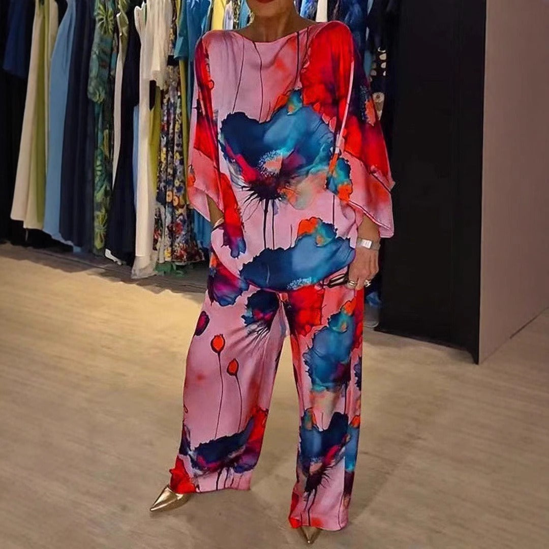 Women’s Pants Set – Wide Leg Trousers – Batwing Sleeve Top – Silky Abstract Print