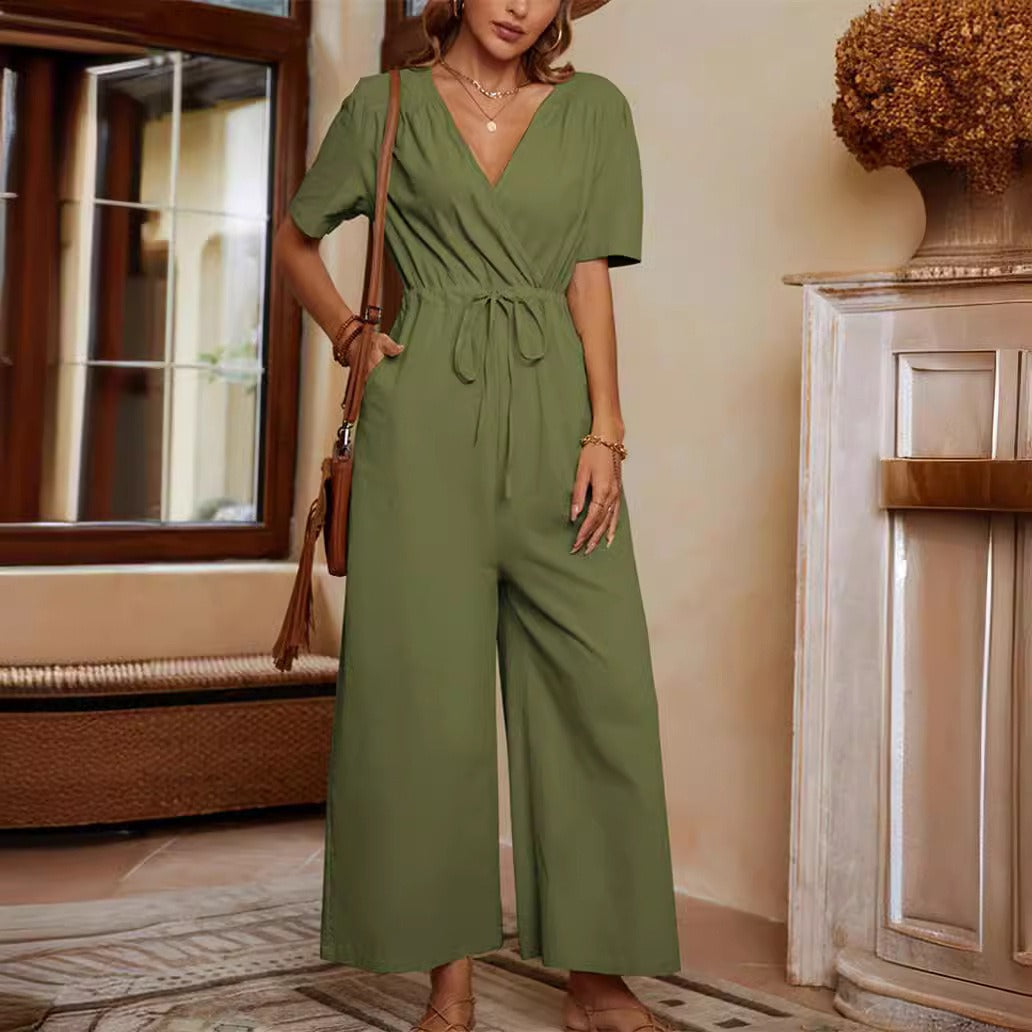 Women’s Jumpsuit – V-Neck – Cinched Waist – Cotton Linen – Short Sleeve – Full Length