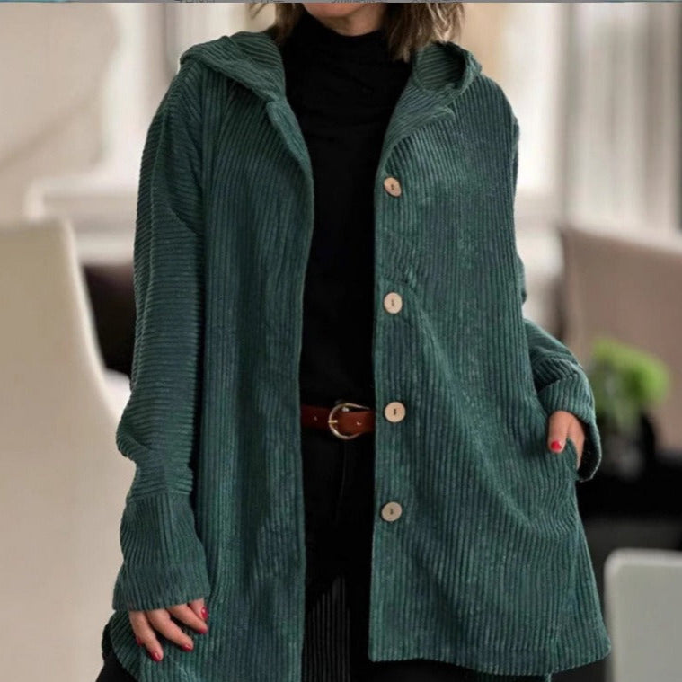 Women’s Hooded Jacket – Corduroy – Loose Fit – Button Front – Mid-Thigh Length