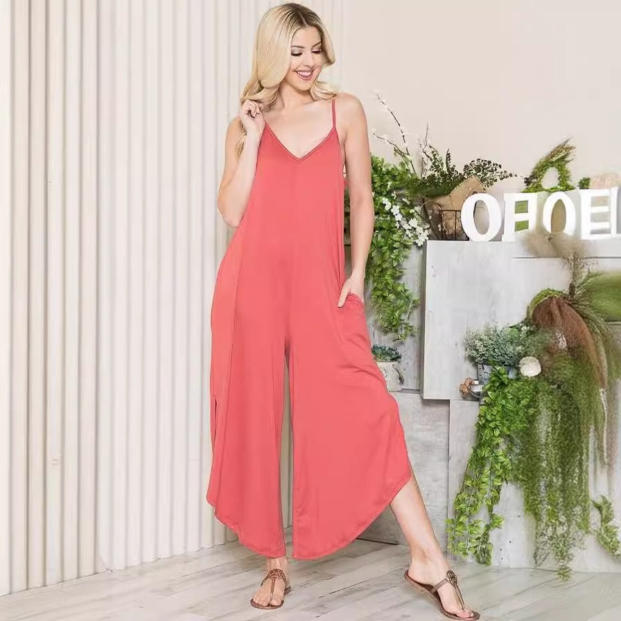 Women’s Jumpsuit – Cotton Blend – Loose Fit – Sleeveless V-Neck – Wide Leg – Pockets
