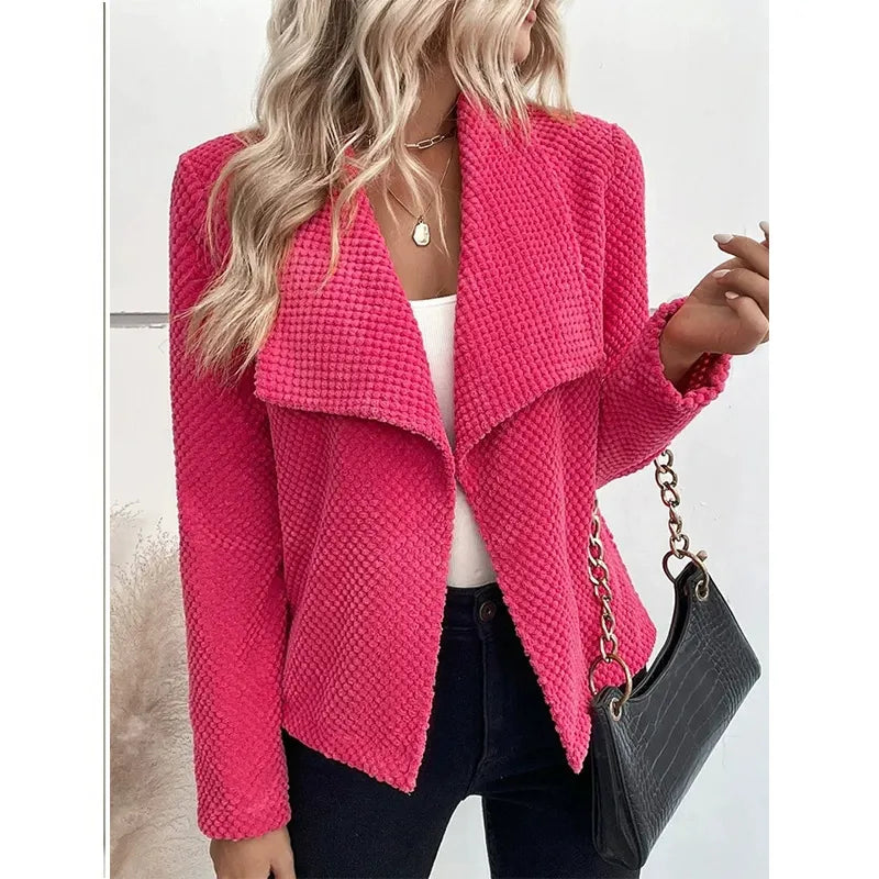 Women’s Blazer Jacket – Textured Knit – Relaxed Fit – Wide Lapel – Long Sleeve