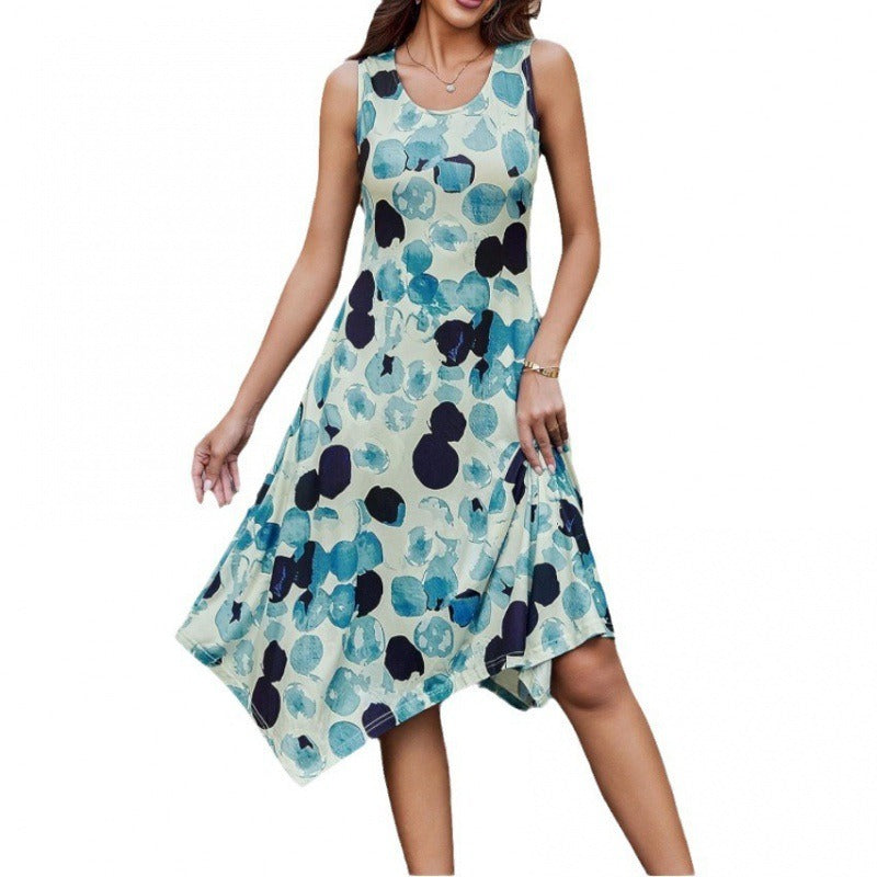 Women’s Midi Dress – A-Line Fit – Cotton Blend – Sleeveless Abstract Print – Asymmetrical Hem