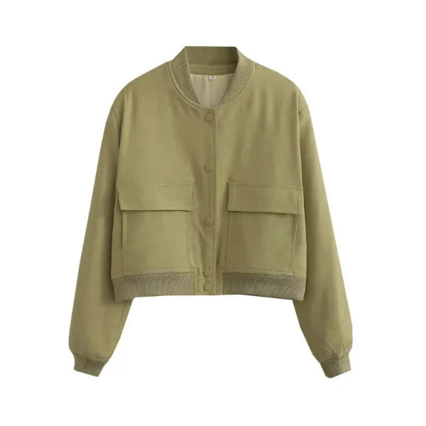 Women’s Bomber Jacket – Relaxed Fit – Cropped Length – Button Front – Flap Pockets