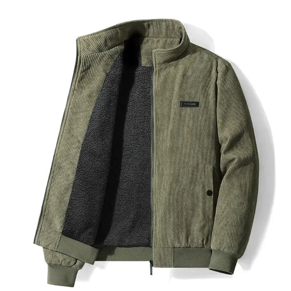 Men’s Jacket – Corduroy Texture – Fleece Lined – Casual Fit – Zip Closure – Stand Collar