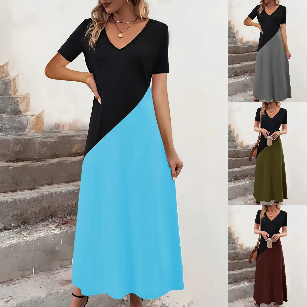 Women’s Maxi Dress – Cotton Blend – Fitted Bodice – V-Neck – Color Block – Short Sleeve