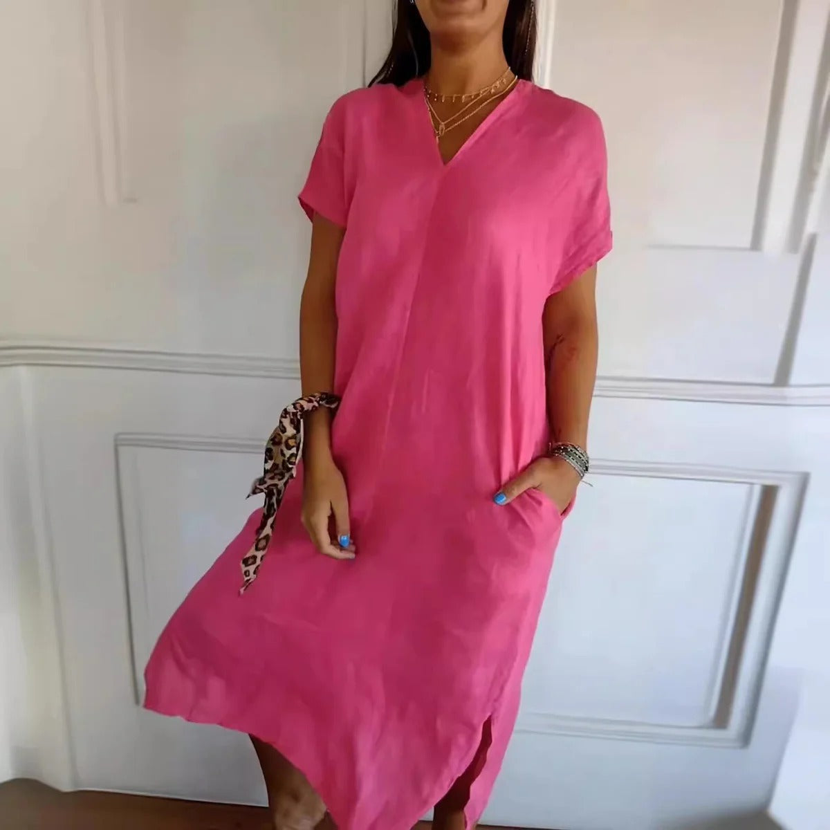 Women’s Maxi Dress – Relaxed Fit – Cotton Feel – V-Neck – Short Sleeve – With Pockets