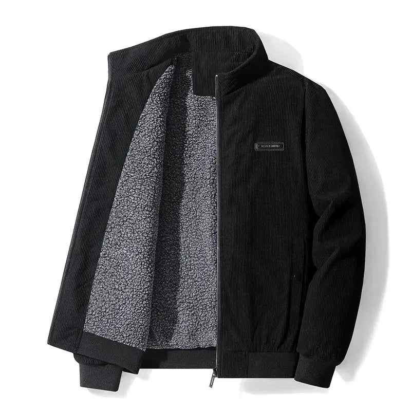 Men’s Jacket – Corduroy Texture – Fleece Lined – Casual Fit – Zip Closure – Stand Collar