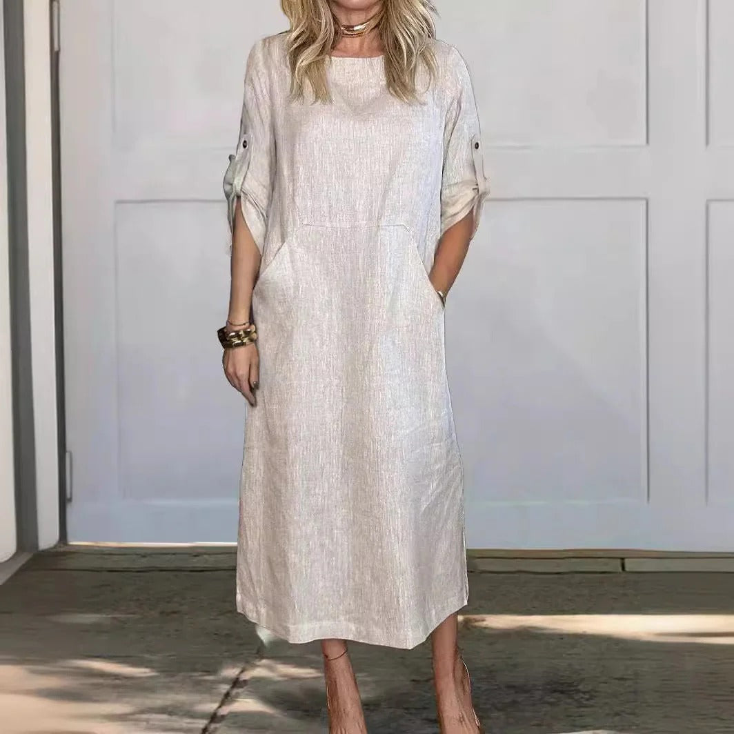 Women’s Maxi Dress – Relaxed Fit – Linen Feel – Roll-Up Sleeves – Side Pockets