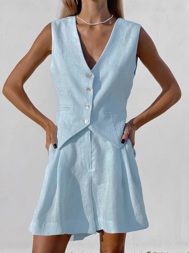 Women’s Vest and Short Set – Linen – Relaxed Fit – Sleeveless – Tailored V-Neck – Button Front