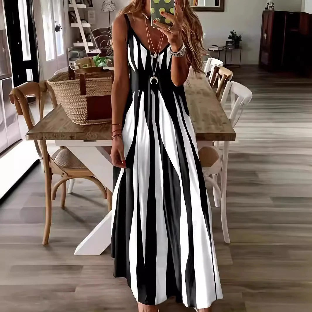 Women’s Maxi Dress – Flowing Fit – Sleeveless – V-Neck – Vertical Stripe – Lightweight Fabric