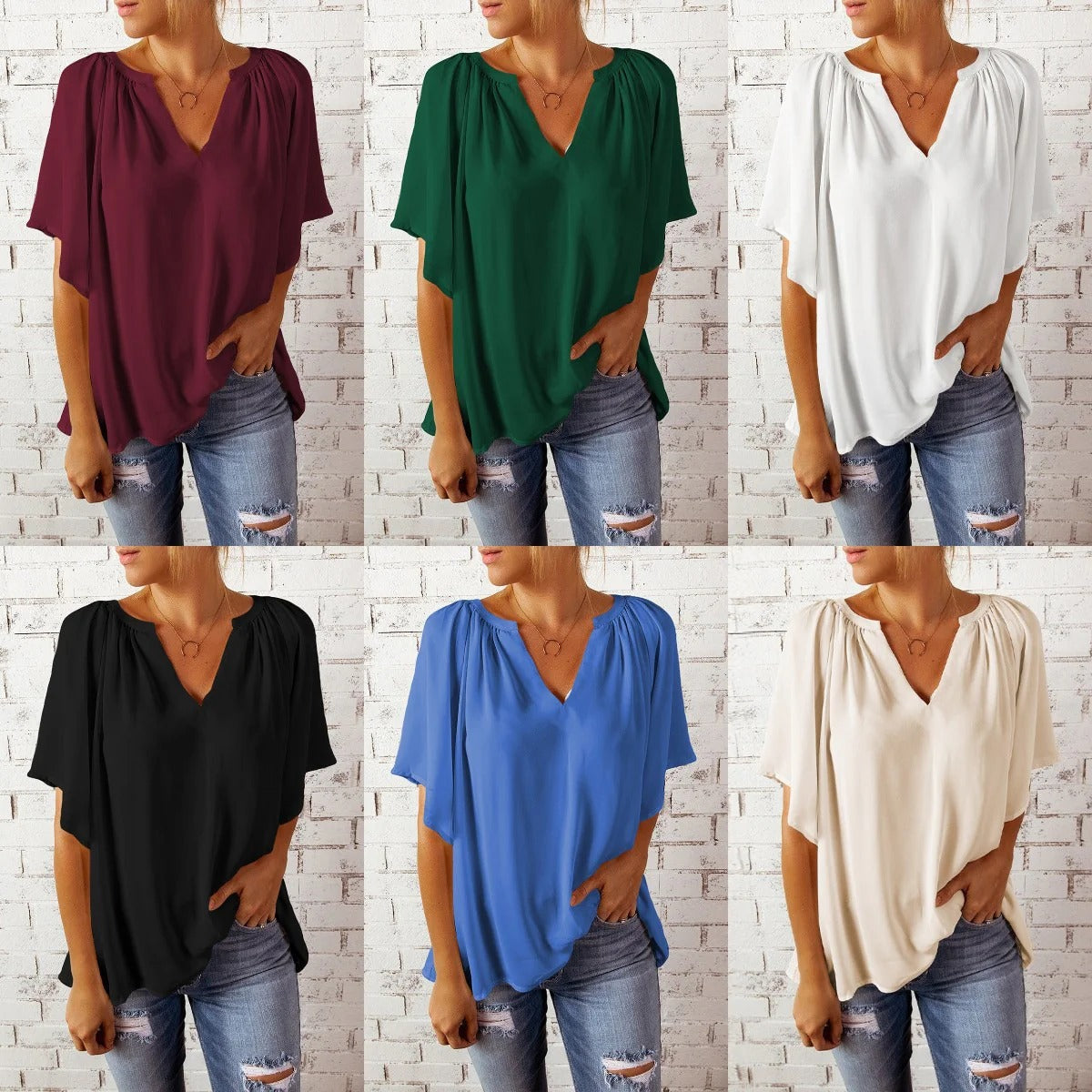 Women’s Blouse – Relaxed Fit – V-Neck – Short Sleeve – Flowy Lightweight Casual Top