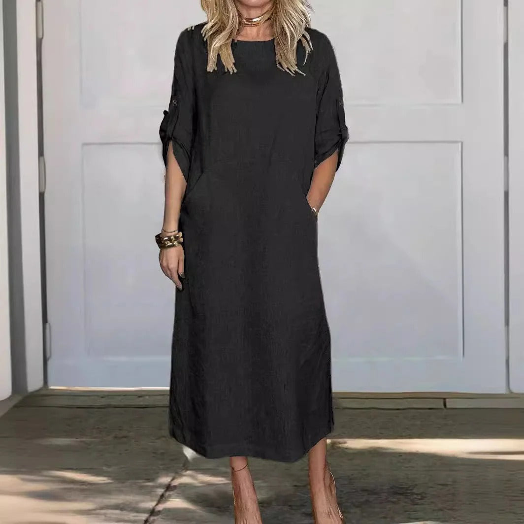 Women’s Maxi Dress – Relaxed Fit – Linen Feel – Roll-Up Sleeves – Side Pockets