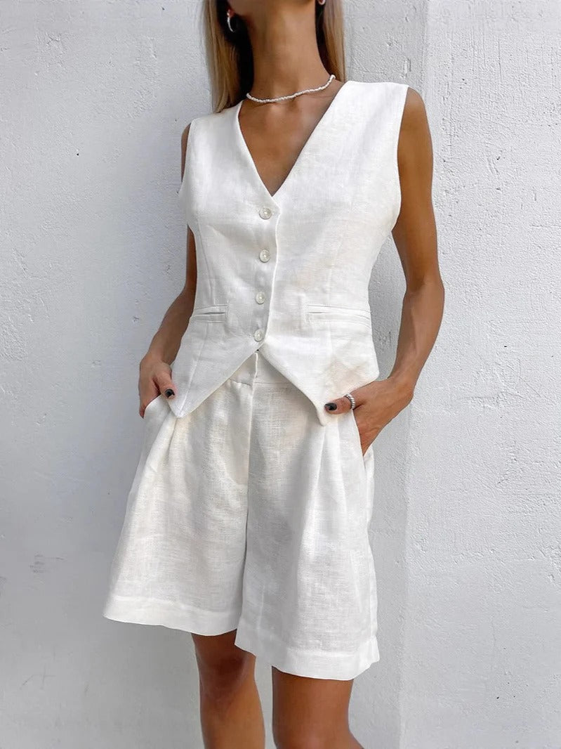 Women’s Vest and Short Set – Linen – Relaxed Fit – Sleeveless – Tailored V-Neck – Button Front