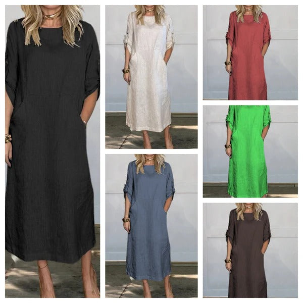 Women’s Maxi Dress – Relaxed Fit – Linen Feel – Roll-Up Sleeves – Side Pockets