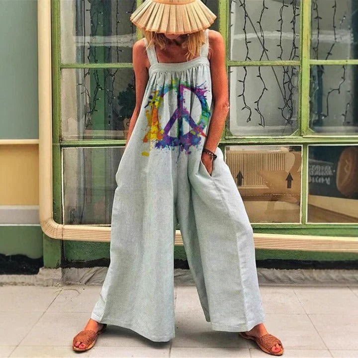 Women’s Wide-Leg Overall – Sleeveless Relaxed Fit – Artistic Print – Soft Drape Fabric