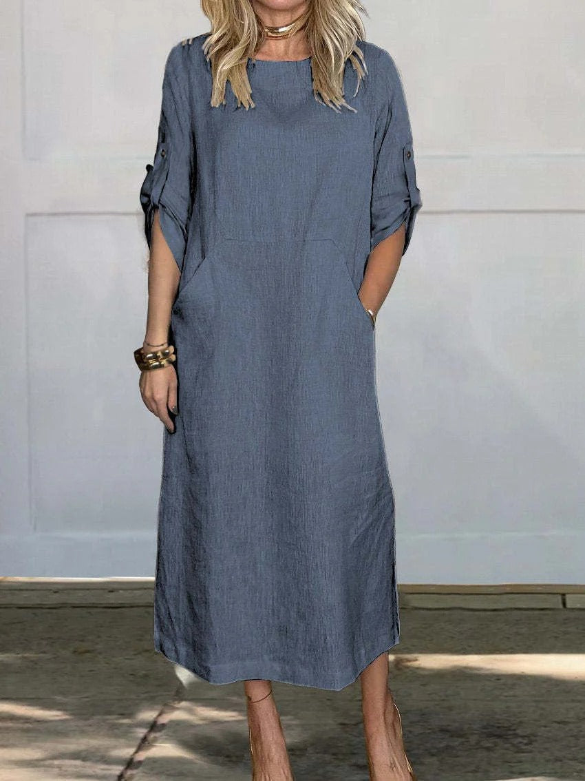 Women’s Maxi Dress – Relaxed Fit – Linen Feel – Roll-Up Sleeves – Side Pockets