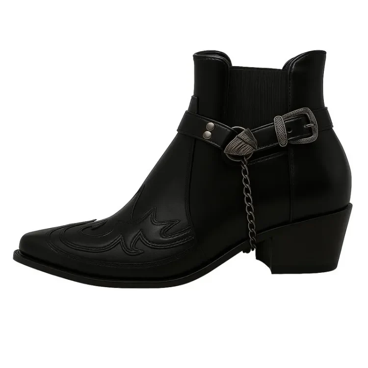 Men’s Cowboy Boots – Leather Slip-On – Pointed Toe – Harness Chain – Ankle High
