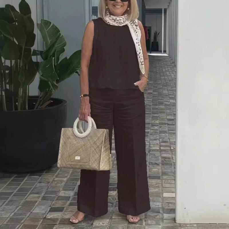 Women’s Two-Piece Set – Relaxed Fit – Cotton Linen – Sleeveless Top – Wide-Leg Trousers