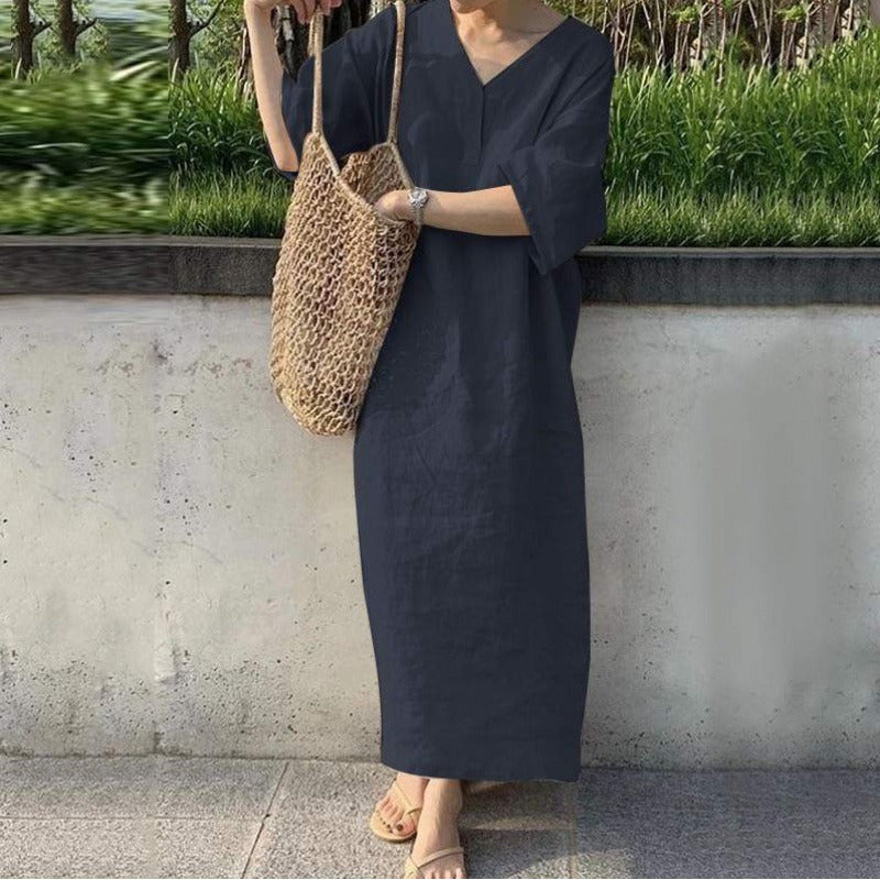 Women’s Maxi Dress – Relaxed Fit – Cotton Linen – V-Neck – Short Sleeve Casual Wear