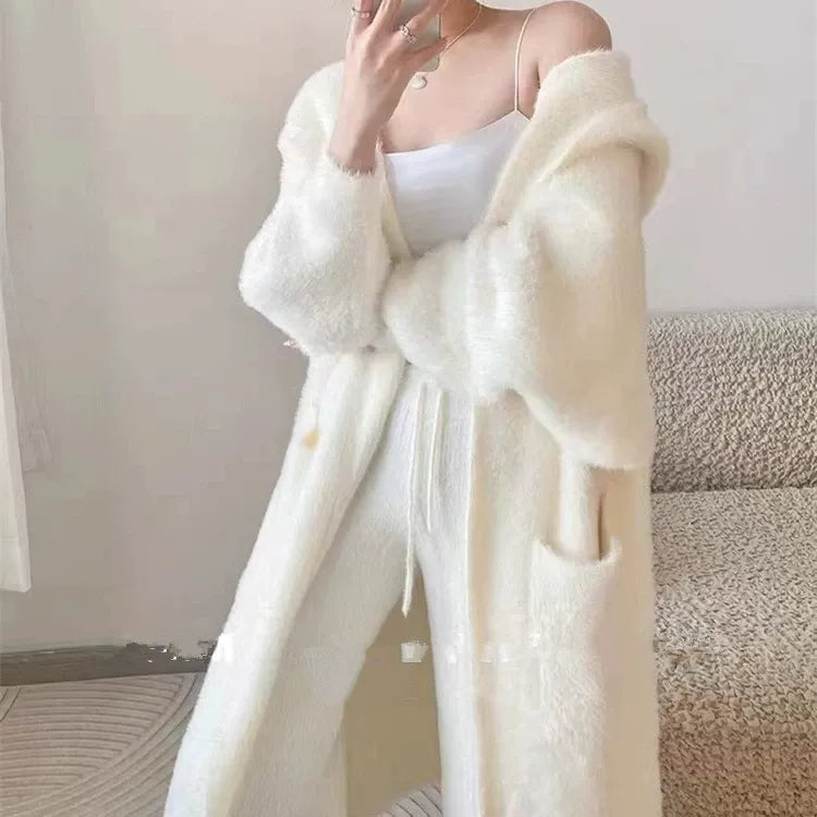 Women’s Knitted Cardigan – Soft Fleece – Long Oversized Fit – Hooded Open Front