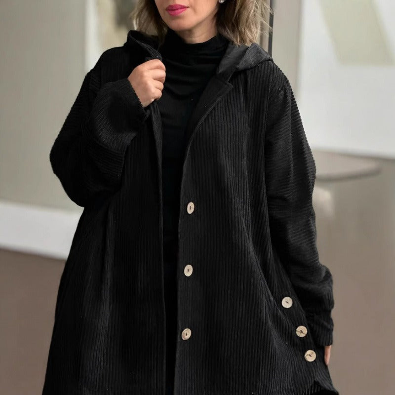 Women’s Hooded Jacket – Corduroy – Loose Fit – Button Front – Mid-Thigh Length