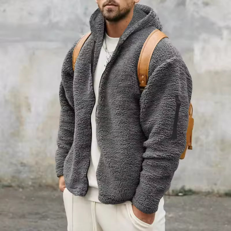 Men’s Fleece Coat – Oversized Fit – Hooded – Soft Texture – Zip Front – Arm Pockets
