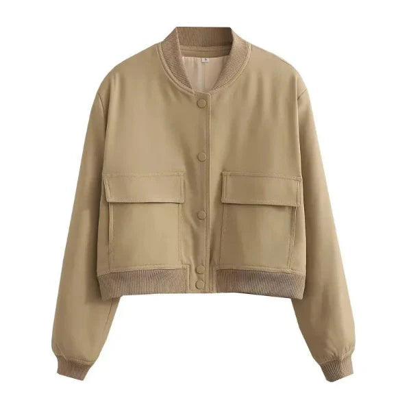 Women’s Bomber Jacket – Relaxed Fit – Cropped Length – Button Front – Flap Pockets