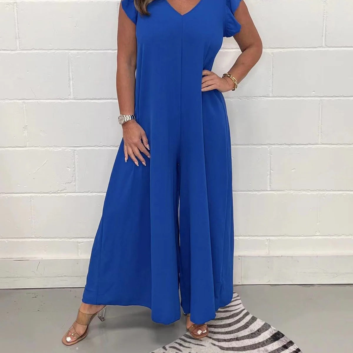 Women’s Overalls – Wide Leg Fit – Ruffled Shoulder – V-Neck – Breathable Fabric