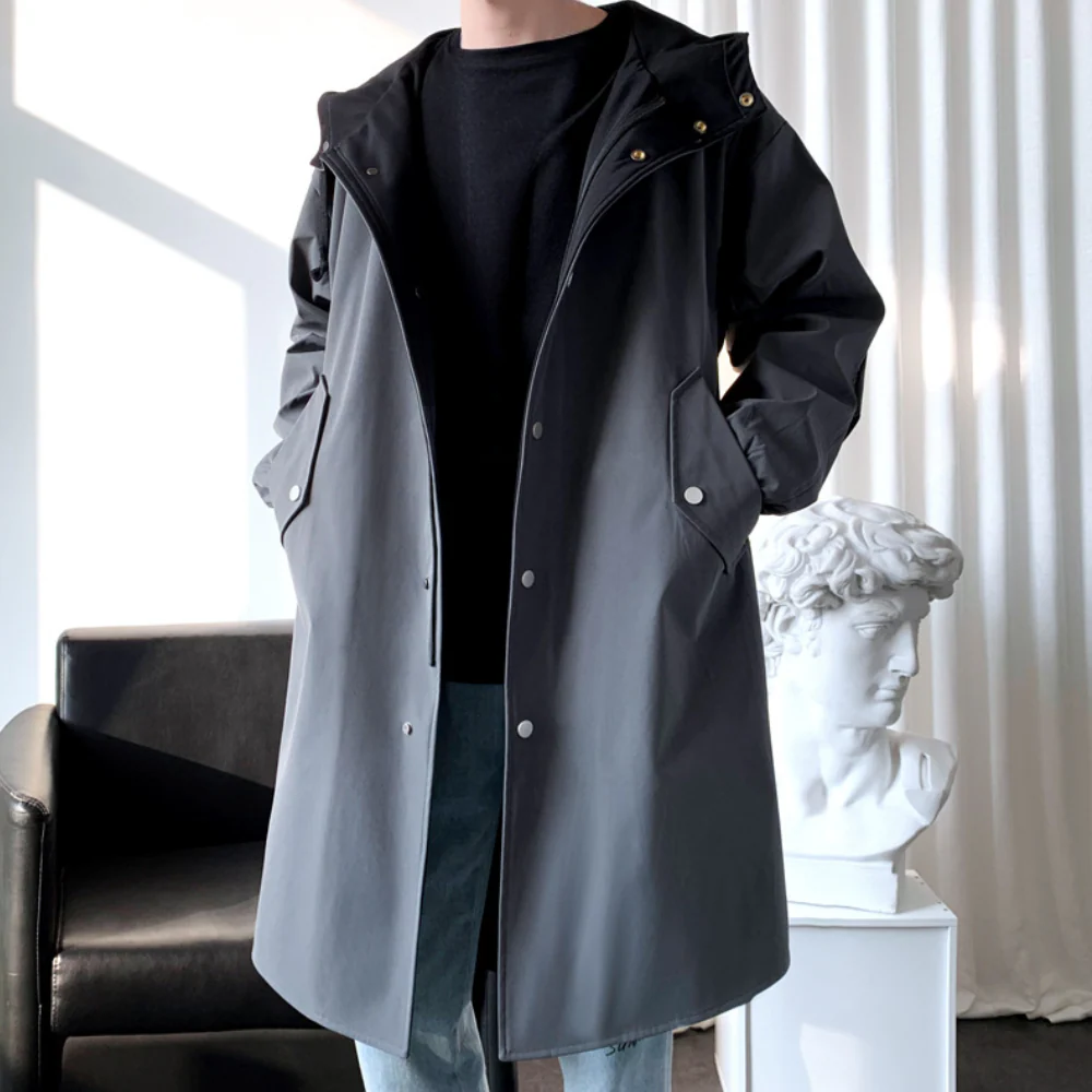 Men’s Long-Line Coat – Relaxed Fit – Hooded – Snap Button Front – Two-Tone Lining
