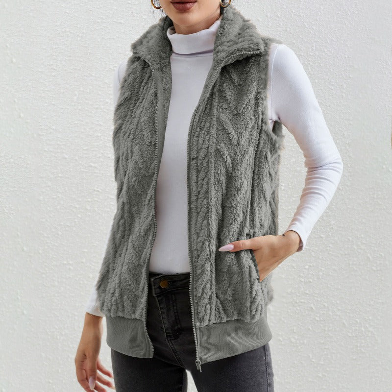 Women’s Sleeveless Vest – Jacquard Fleece – Zip Front – High Collar – Relaxed Fit