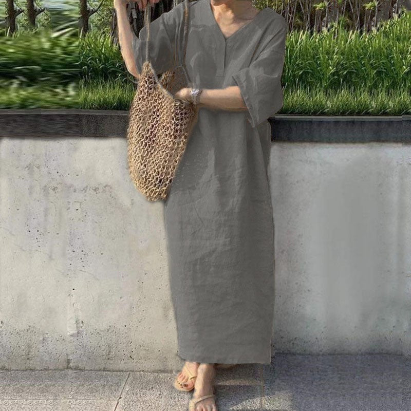 Women’s Maxi Dress – Relaxed Fit – Cotton Linen – V-Neck – Short Sleeve Casual Wear