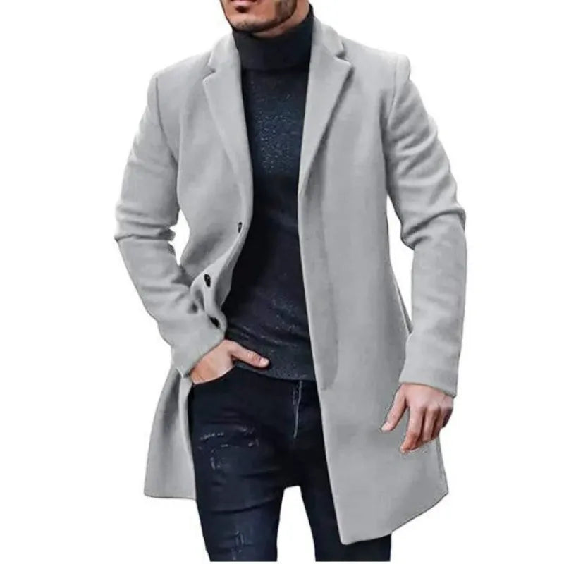 Men’s Overcoat – Tailored Fit – Wool Blend – Mid-Length – Button Front – Notched Lapel