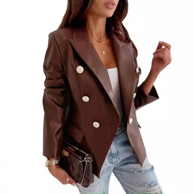 Women’s Blazer – Tailored Fit – Faux Leather – Double-Breasted – Structured Shoulder